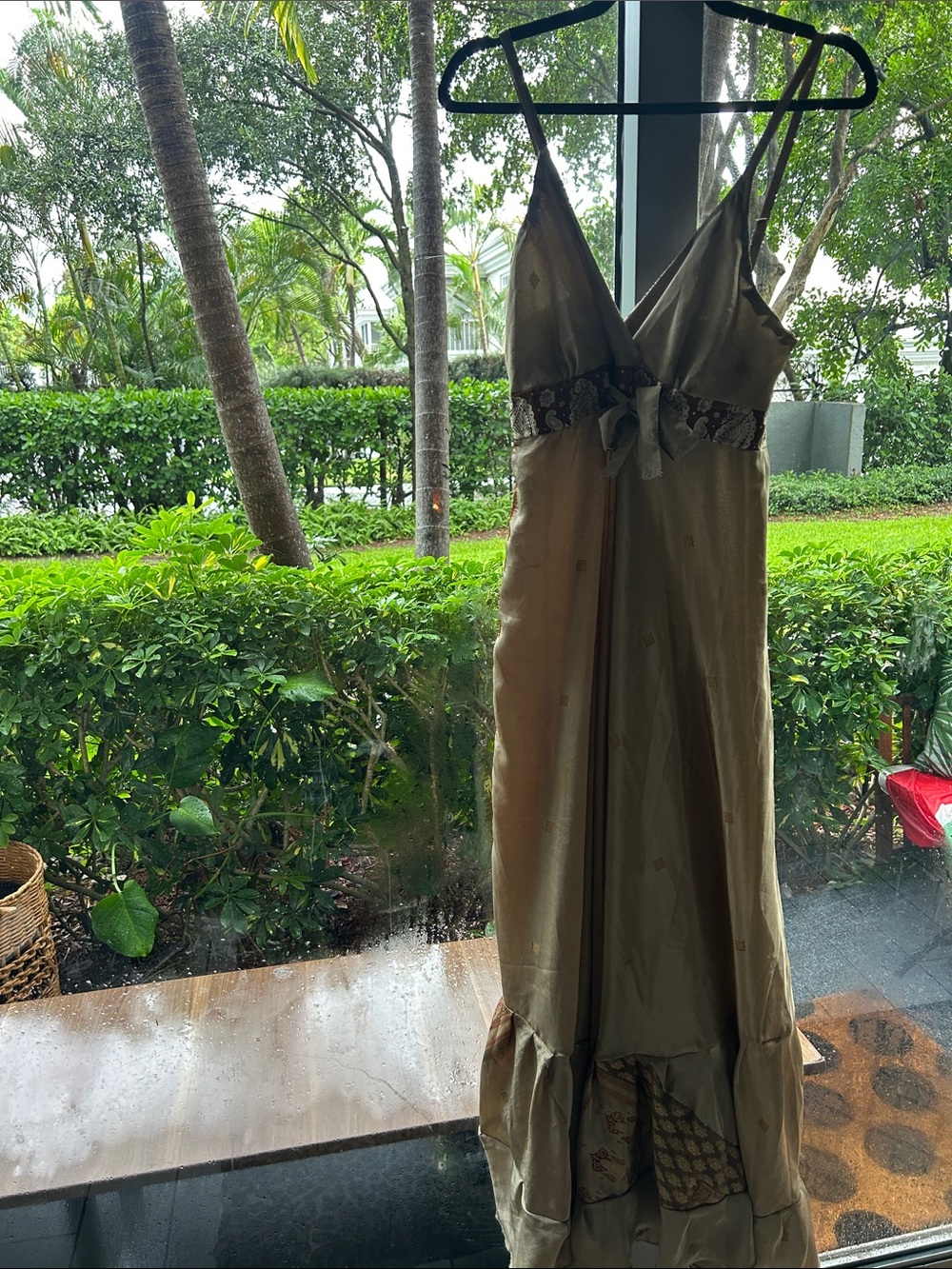 Beige Maxi Slip Dress with Contrast Waist Detail